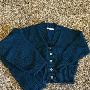 Blue Button-Up Cardigan and Pants Set